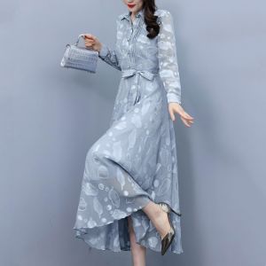 Elegant Long Sleeve Chiffon Dress Spring Autumn Womens Fashion Slimming Mommy Midi Skirt Korean Style Shirt Collar A-Line Dress