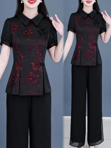 Elegant Chinese Style Two-Piece Set Short Sleeve Wide Leg Pants Womens Fashion Slimming National Style Button up Top Bottoms