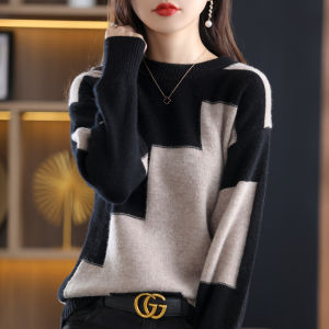 Clearance Sale~ Trendy Spring Autumn Knitted Womens Base Shirt Color Block Sweater Korean Style Straight Cut Long Sleeve