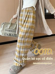 MiiOW | Quần ống rộng kẻ caro cổ điển cho nữ MiiOW Quần ống rộng lưng cao thường ngày rộng rãi thoải mái mùa thu đông