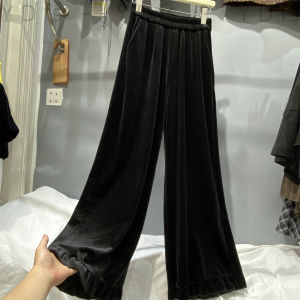 Velvet Ruffle Wide Leg Pants Womens High Waist Loose Slimming Casual Straight Long Trousers Spring Autumn New Style