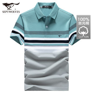 Summer New Style Seven Wolves Silk Cotton Short Sleeve Polo Shirt Mens Casual Shirt Stripe Pattern Business Gentleman Fashion