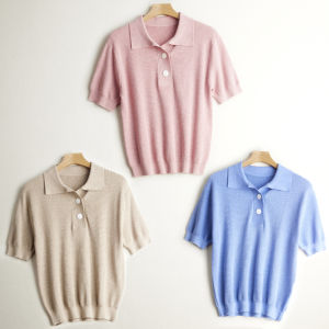 Silk Cashmere T-Shirt Womens Knitted Spring Summer Simple Commute Short Sleeve Loose POLO Collar Woolen Sweater