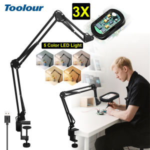 Toolour 3X Rectangle Magnifying Glass with Light and Clamp 5 Color Modes Stepless Dimmable Flexible Swing Arm LED Desk Lamp