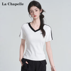 La Chapelle | Black and White Stripe V-Neck Structured Short Sleeve T-shirt