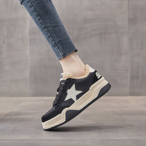 Leather Lined Snow Boots Womens Fashion Casual Anti-slip Thick Bottom Sports Shoes Cross Buckle Low Heel Deep Mouth Single Shoes