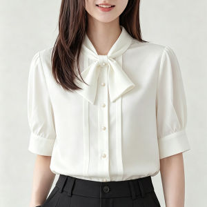 YAOMUHUA | Elegant French Bow White Shirt Pearled Buttons Summer New Style