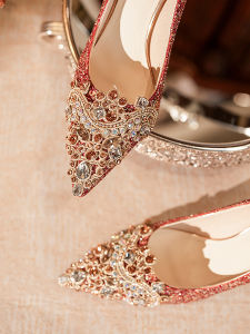 Red Shiny Crystal Wedding Shoes Chinese Style Show Heel High Heels Womens Fashion Single Shoes Elegant Water Diamond Thick Heel