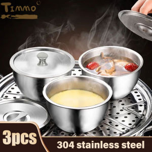 3pcs 304 Stainless Steel Rice Bowl with Lid Thickened Anti-Scalding Steamed Egg Bowl Seasoning Bowl Kitchen Utensils Tableware
