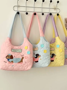 EERSHENSHI กระเป๋าโทตสุดน่ารักประดับลายปักหมาพร้อมหูจับสีสดใสและระบบล็อกแม่เหล็กสำหรับใช้ในชีวิตประจำวัน