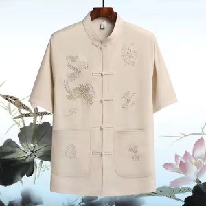 Summer Short Sleeve Embroidered Cotton Linen Mens Shirt Thin Ice Silk Cotton Linen Elderly Top Dads Clothing Ethnic Style
