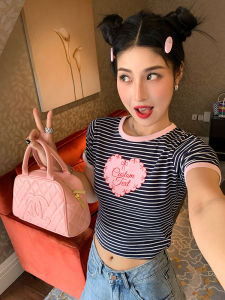 Tefamani Summer Half Sleeve Tight Fit Womens T-shirt Striped Print Shoulder Width Fit Regular Cotton Blend Style 2024 Top Wear