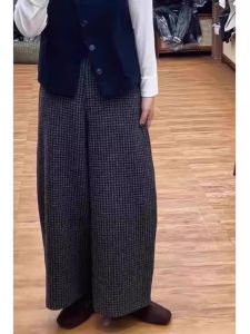 กางเกงขายาวทรงหลวมสีดำลายสก็อตผ้าขนสัตว์สำหรับผู้หญิง กางเกงขายาวทรงโค้งเอวสูง ทรงหลวม กางเกงขายาวทรงตรง ทรงหลวม