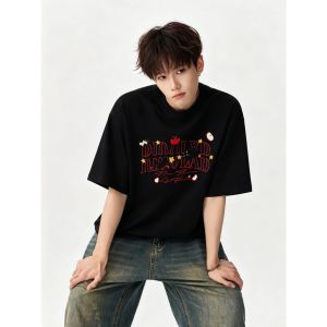 OULUDE | American Cartoon Embroidered White T Shirt Casual Teen