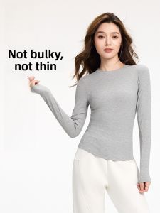 Miiow | Gray Base Layer Shirt Round Neck Ribbed Slim Fit Womens Spring Autumn Inner Wear Cat Person Daily Style Long Sleeve T-shirt