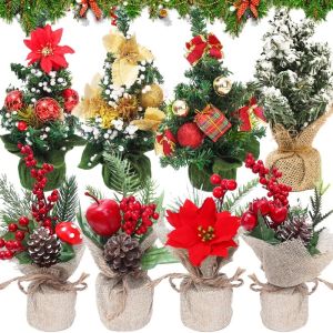 นาวิแดดบนโต๊ะต้นคริสต์มาสต้นคริสต์มาสประดิษฐ์ขนาดเล็กมีฐานผ้าลูกบอลลายดอกไม้เป็นของขวัญการตกแต่ง DIY สำหรับงานเลี้ยงปีใหม่