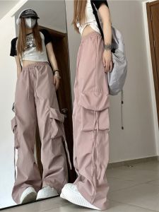 American Retro Japanese Style High Waist Tooling Pants Womens Summer Stylish Niche Loose Casual Loose Pants Straight-Leg Trousers