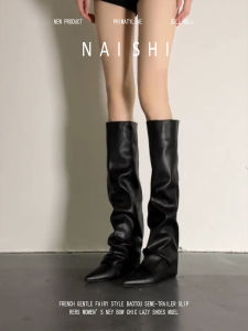 NAISHI | Wrinkled Black Over-the-Knee Block Heel Boots