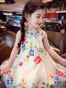 Váy Hè Cho Bé Gái Váy Công Chúa Cổ Treo Váy Đi Biển Cho Bé Gái Mùa Hè Váy Midi Không Tay Thêu Hoa Phong Cách Ngọt Ngào