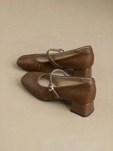 Josiny | Vintage Casual Brown Leather Shoes with Thick Heel