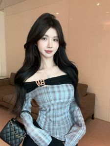 GUZILIAN | Irregular Plaid Long Sleeve T-Shirt Women Spring Pure Desirable Spicy One Shoulder Exposed Slim Fit Small Top Unique Elegant