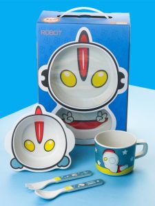 Ultraman Tableware Baby Plate Grid Cartoon Cute Household Bamboo Fiber Kids Solid Food Bowl Spoon Gift Set