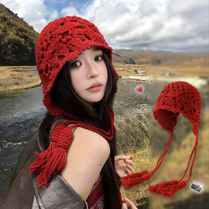 Zanning | Red Lace Knit Hat Large Head Circumference