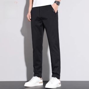 ROMON | Loose Straight Leg Mens Casual Pants Black Business Fashion Spring Summer Lightweight Anti-Wrinkle Polyester Fiber Long Trousers