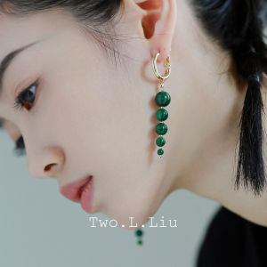 Two.L.Liu Studio Vintage Emerald Earrings Womens Natural Stone Long Dangle Earrings Elegant Original Design Fashion Jewelry