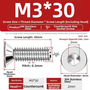 TIANZHUOJINSHU | 304 Stainless Steel Countersunk Internal Hex Head Flat Top Screws