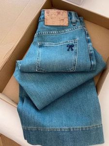 Quần Jeans Denim Ống Thẳng Màu Xanh Cạp Cao Cho Nữ Quần Ống Rộng Thẳng Thêu Hoa Co Giãn Thường Ngày Quần Jeans Denim