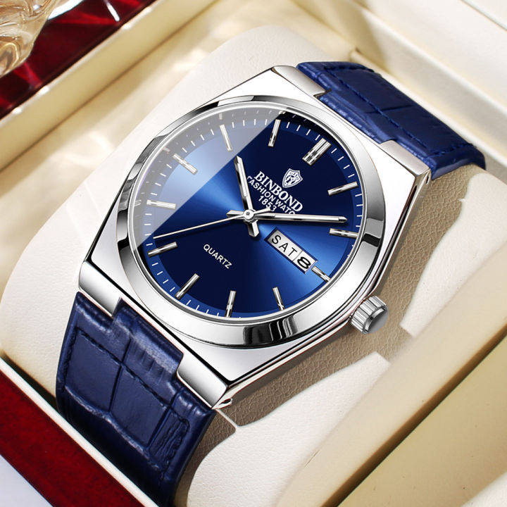 นาฬิกาผู้ชาย High-end แบรนด์หรู ultra-thin สายหนังกันน้ําสีดําปฏิทินชายแฟชั่นนาฬิกาควอตซ์นาฬิกา