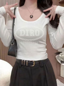 Heavy-Duty Cotton T-Shirt Womens Base Shirt Spring Autumn U-Neck Long Sleeve Slim Fit Diamond Letter Print Casual Top