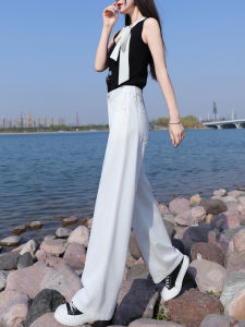 กางเกงยีนส์ทรงตรงเอวสูงผ้าลินินสีขาวสำหรับผู้หญิง กางเกงขายาวทรงหลวมสำหรับฤดูร้อนปี 2025 สำหรับผู้หญิงตัวเล็ก