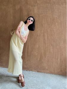 French Vintage Hollow out Knitted Vest Dress Women Summer Elegance Long Skirt Sleeveless V-neck Solid Color Commute Style