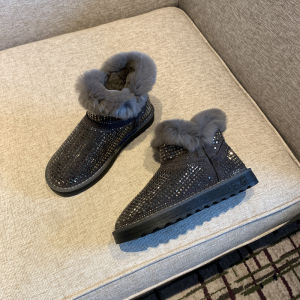 Giày Bốt Đi Tuyết Đính Đá Rhinestone Thời Trang Mùa Đông 2024 Đế Phẳng Mũi Tròn Lông Thỏ Lót Cotton Cho Nữ