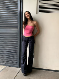 Evolved Version Low Waist Bell Bottom Pants Hide Blue Functional Paper Bag Pants Casual Long Trousers for Women