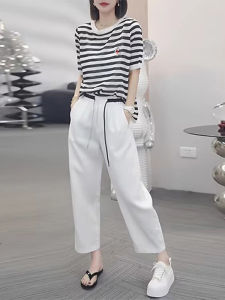 Shalldoer | Unique Beautiful Womens Summer Slim Fit Striped Short Sleeve T-Shirt Drawstring Straight Leg Casual Pants Two Piece Set