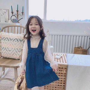 Korean Style Soft Lace T-Shirt and Denim Pinafore Set