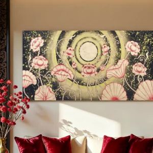 วินเทจบัวจับแพะชนแกะฟอยล์สีทองภาพวาดห้องนั่งเล่นผนังตกแต่งพระอาทิตย์ตกดินแขวนภาพวาดเอเชียตะวันออกเฉียงใต้ลักษณะพื้นหลังผนังเครื่องประดับ