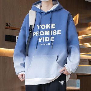 ROMON | Romon Mens Hoodie Sweatshirt Spring Autumn New Trend Gradient Color Letter Print Casual Sportswear Jacket Loose Fit Youth Popular