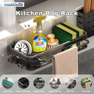 JustLiving Giá Đựng Miếng Bọt Biển Bồn Rửa Nhà Bếp Giá Sắp Xếp Giá Đựng Khăn Rửa Bát Gắn Tường Có 2 Móc Treo Giá Để Ráo Nước Kệ Đựng Gia Vị Giá Để Ráo Nước