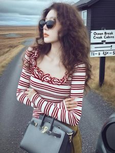 SHANGSHA | Stylish K-fashion American-spicy Red Lace Stripes T-shirt
