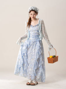SHANGWEILUO | Blue Ruffle Floral Dress