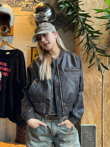 เสื้อแจ็คเก็ตหนังมอเตอร์ไซค์สไตล์อเมริกันสั้นทำมือสไตล์ย้อนยุคสำหรับผู้ชายและผู้หญิง ฤดูใบไม้ร่วงปี 2024 แขนยาว ปกจักรวาล