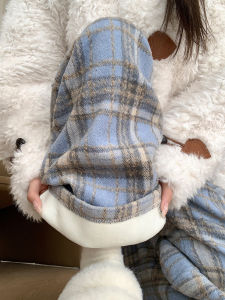 กางเกงขายาวทรงหลวมผ้าขนสัตว์ลายสก็อตสีน้ำเงินสำหรับผู้หญิง กางเกงขายาวทรงตรงสบายๆ ฤดูใบไม้ร่วง/ฤดูหนาว กางเกงขายาวทรงหลวมสำหรับผู้หญิงไซส์เล็ก