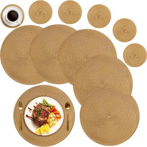 6Pcs Round Table Mat and Cup Coasters Set Woven Ramie Placemats Anti Slip Dining Placemats Non-Slip Tableware Bowl Pads Kitchen