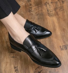 Mens Casual Pointed Toe Leather Shoes Slip-On Driving Loafers British Style Tassel Leisure Fashion Single Shoes Breathable