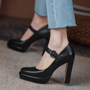 Waterproof Platform High Heels Womens Chunky Heel Black Soft Leather round Head Buckle Shoes for Work Cheongsam Model Body Shoes for Catwalk