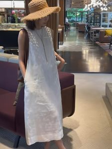 Casual Chic White Cotton Lin Womens Dress Summer 2024 Sleeveless Fashion Simple Straight Long Skirt Single Piece